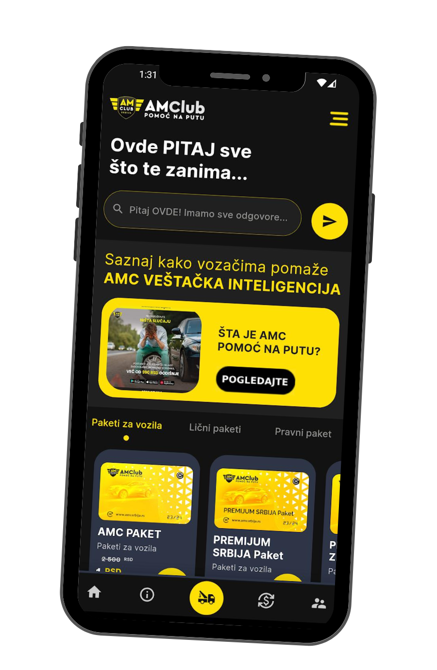 Slika mobilnog telefona sa banerom AMC Srbija pomoć na putu